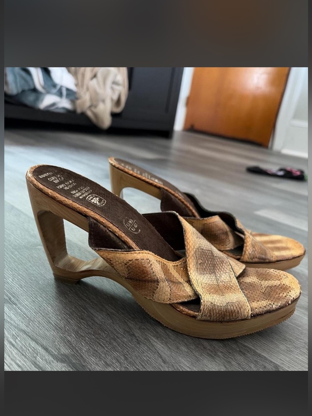 Womens Tan Snake-Print Slip-On Heeled Sandals